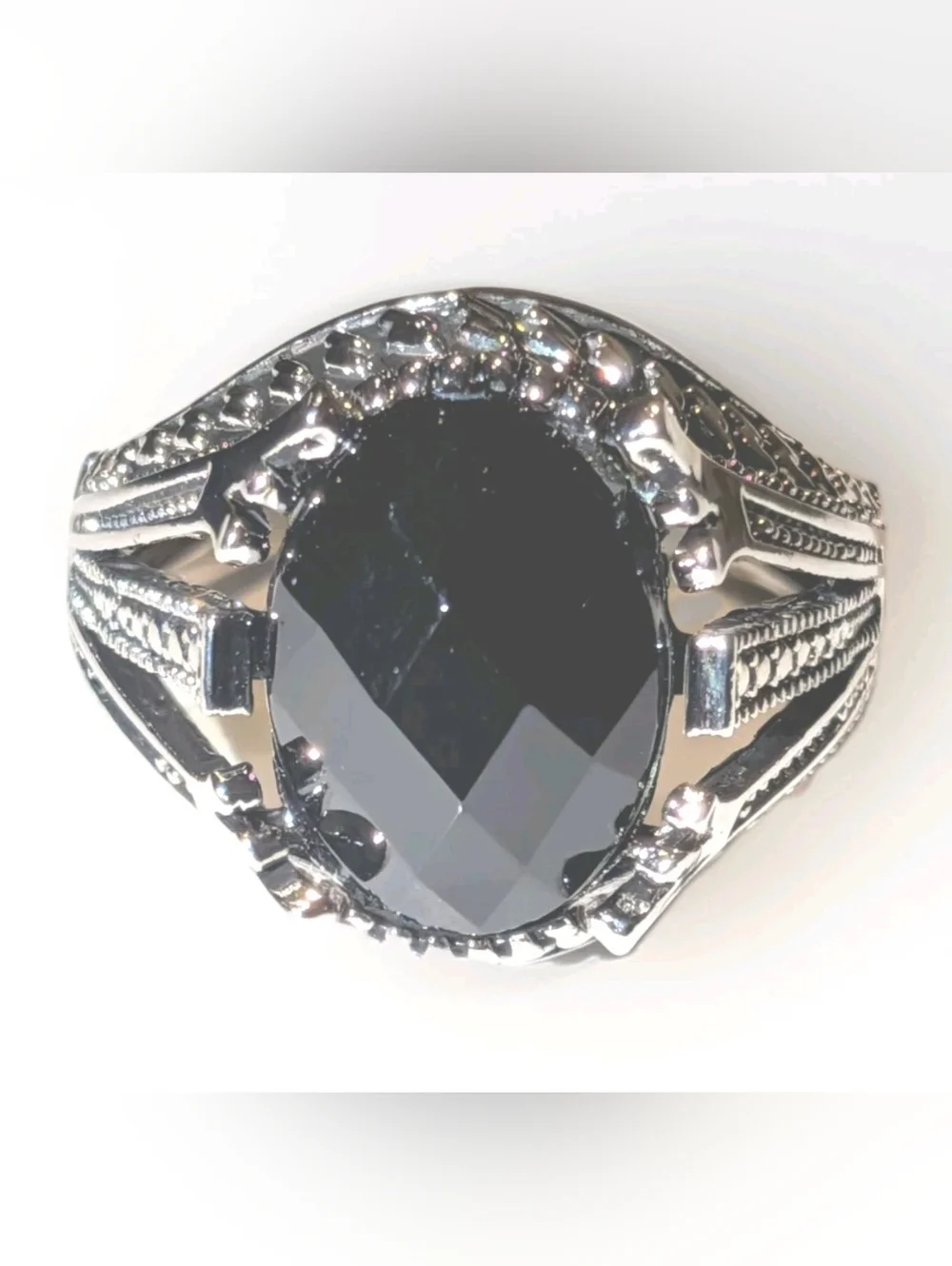 Men’s Black Simulated Onyx Ring Silver Plated Size 10 Oval Statement Gothic Ring